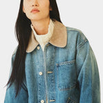 Shaina Mote Painter Coat Denim in Vintage Wash, close-up showing the corduroy collar, buttons and chest pocket