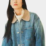 Shaina Mote Painter Coat Denim in Vintage Wash, close-up showing the corduroy collar, buttons and chest pocket
