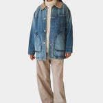 Shaina Mote Painter Coat Denim in Vintage Wash, full-length model view with cream trousers at YUCCA Denver