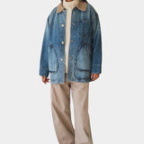 Shaina Mote Painter Coat Denim in Vintage Wash, full-length model view with cream trousers at YUCCA Denver