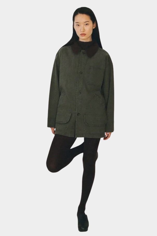 Shaina Mote Moss Painter Coat Herringbone on model, showing corduroy collar and large patch pockets at YUCCA Denver
