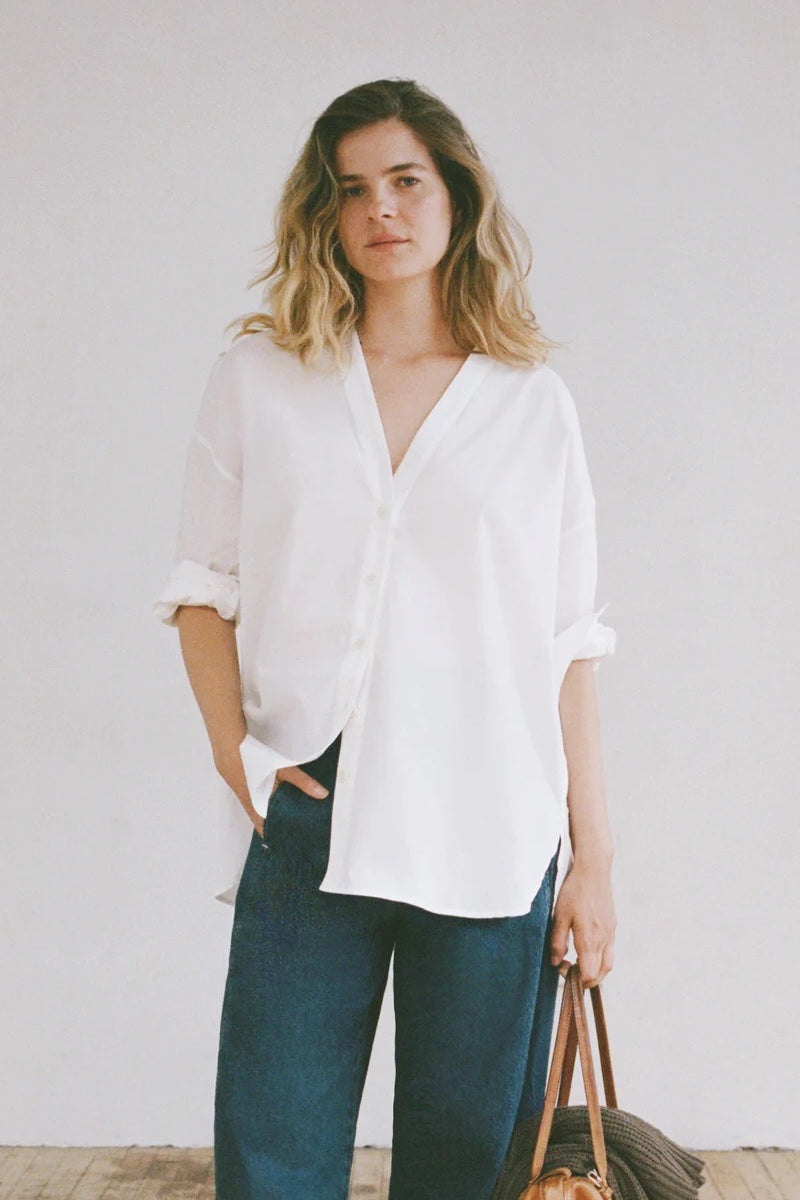 Shaina Mote Studio Shirt Salt side view oversized white cotton poplin blouse curved hem