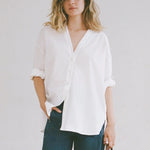 Shaina Mote Studio Shirt Salt side view oversized white cotton poplin blouse curved hem