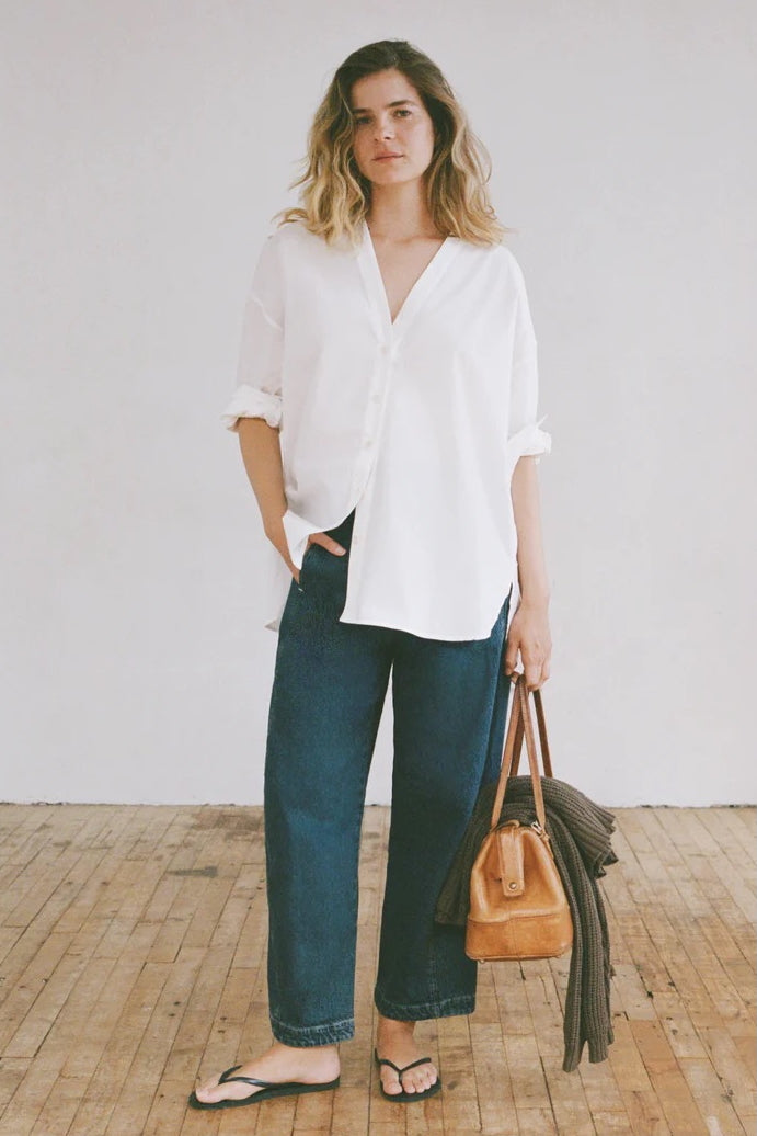 Shaina Mote Studio Shirt Salt front view relaxed fit white button down blouse v neckline