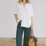 Shaina Mote Studio Shirt Salt front view relaxed fit white button down blouse v neckline