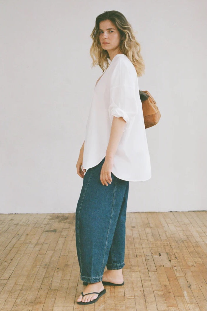 Shaina Mote Studio Shirt Salt detail view v neck button front lightweight white cotton shirt