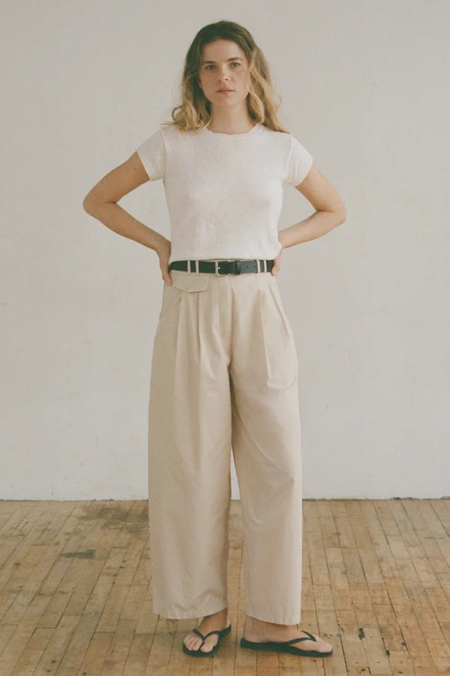 Shaina Mote Summer Chino Beige full length front view relaxed wide leg cropped chino pants