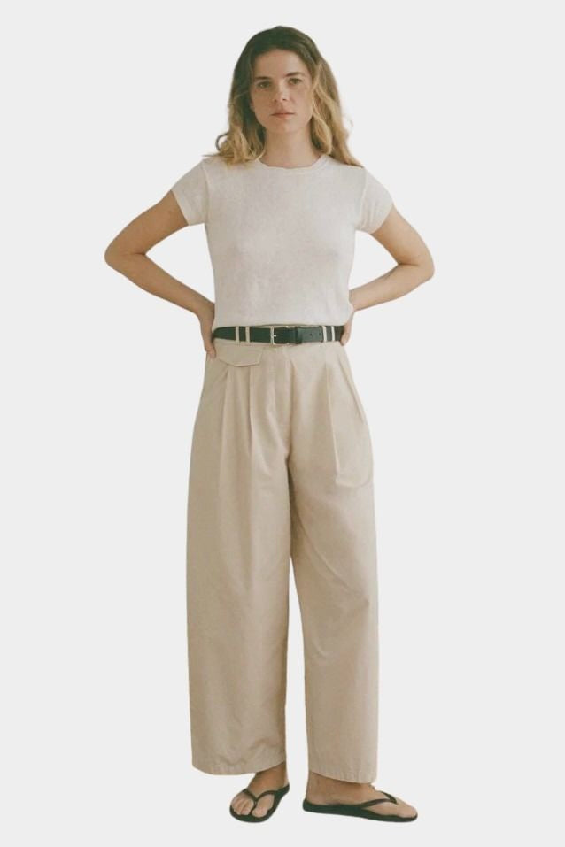 Shaina Mote Summer Chino Beige full length front view relaxed wide leg cropped chino pants