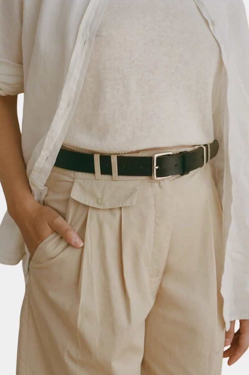 Shaina Mote Summer Chino Beige front detail pleated waist with belt lightweight cotton trouser