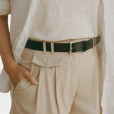 Shaina Mote Summer Chino Beige front detail pleated waist with belt lightweight cotton trouser