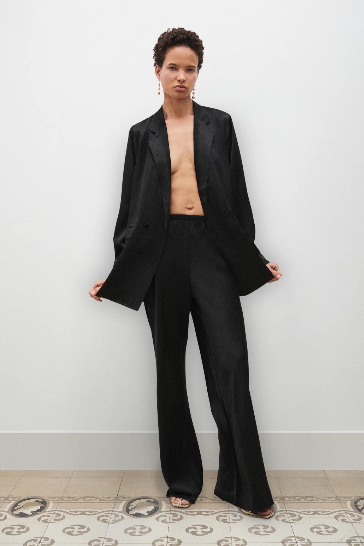 Silk Laundry black silk bias pants worn with tailored silk blazer