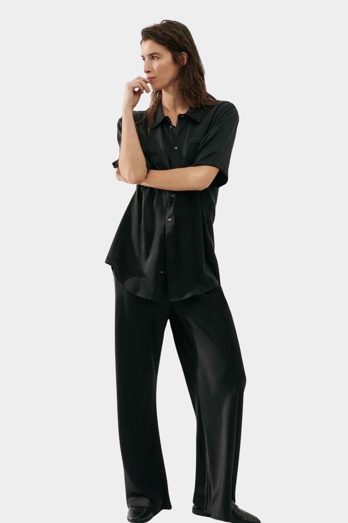 Silk Laundry bias cut silk pants in black wide leg silhouette