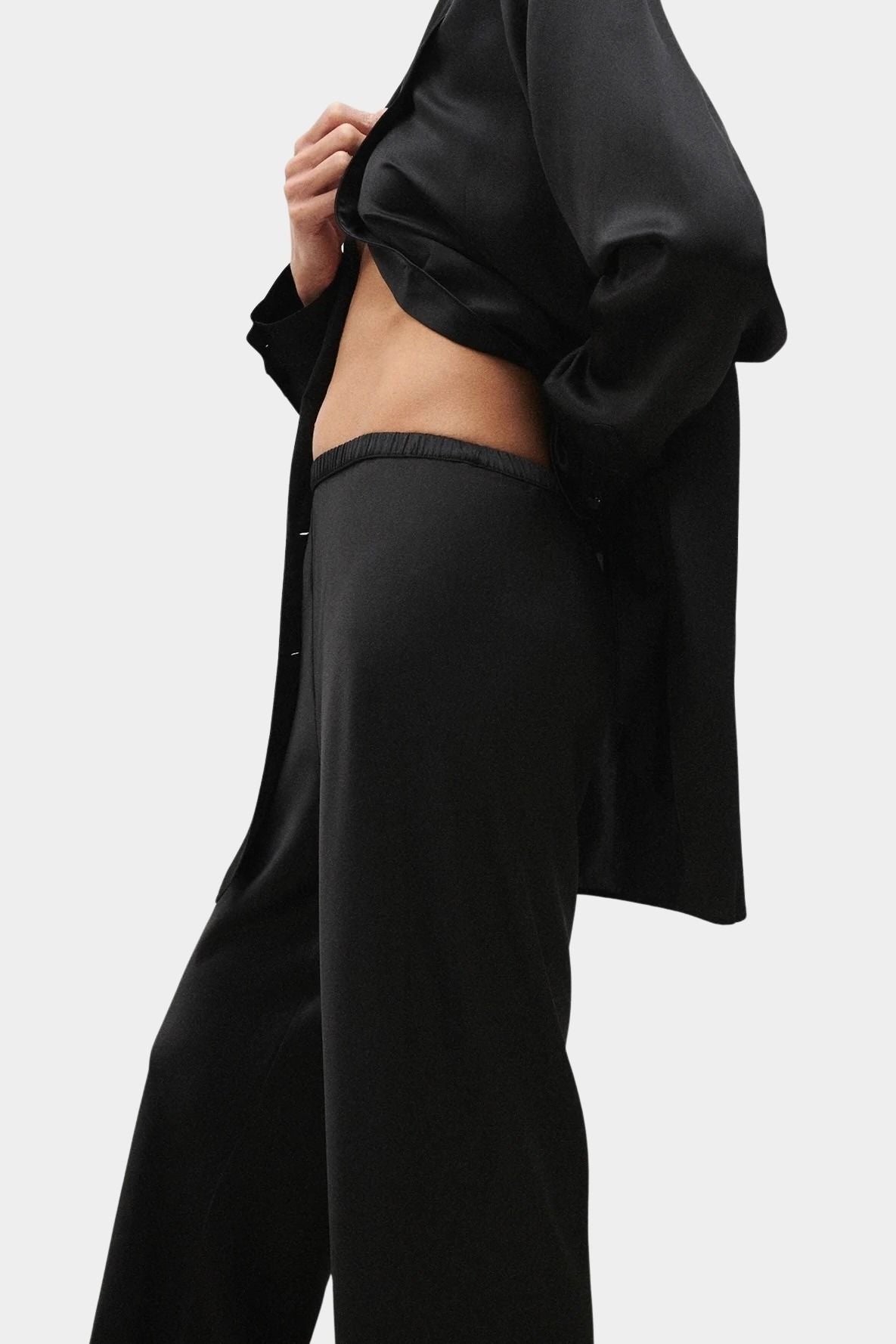 Silk Laundry black silk satin bias pants with elastic waistband detail