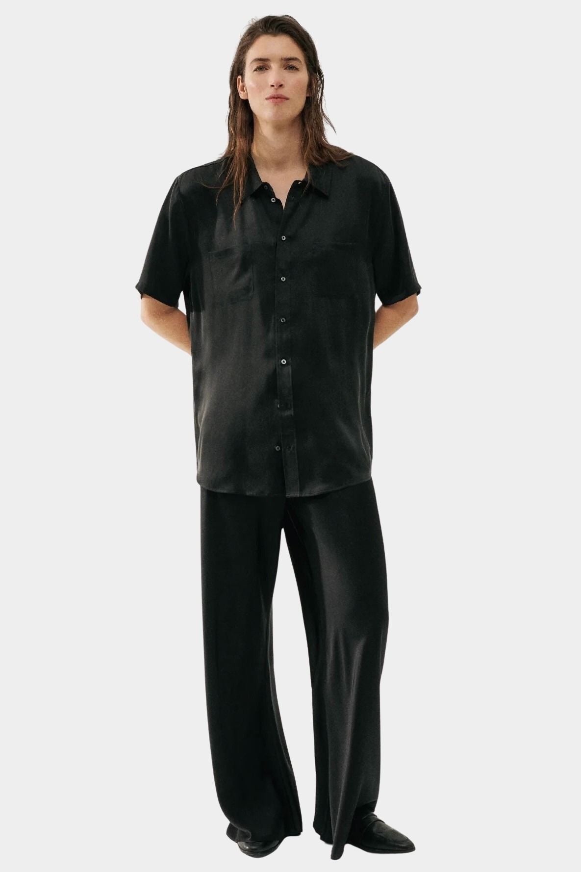 Silk Laundry black bias cut silk pants styled with silk shirt