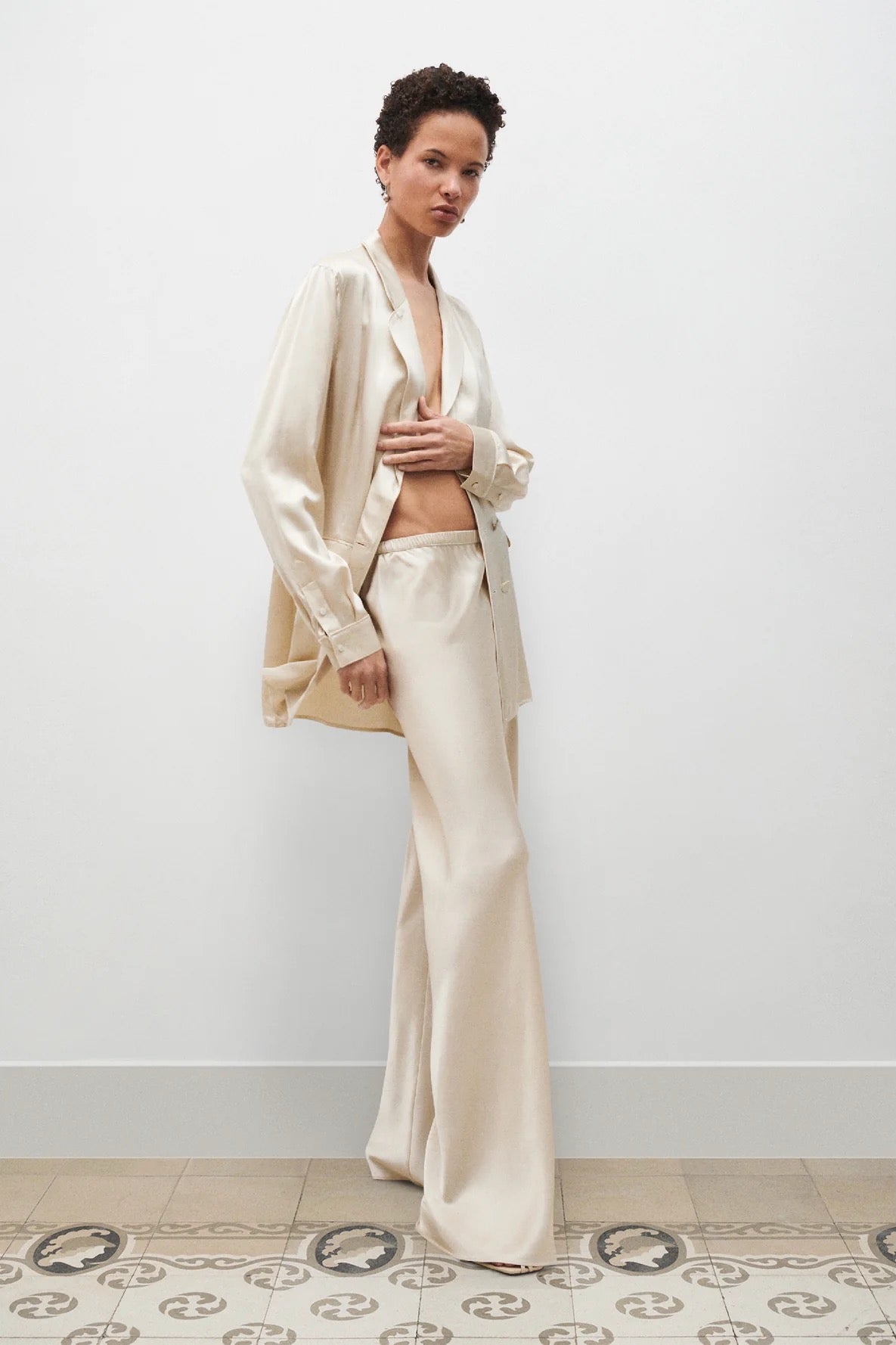 Silk Laundry hazelnut bias cut silk pants styled with matching silk blazer