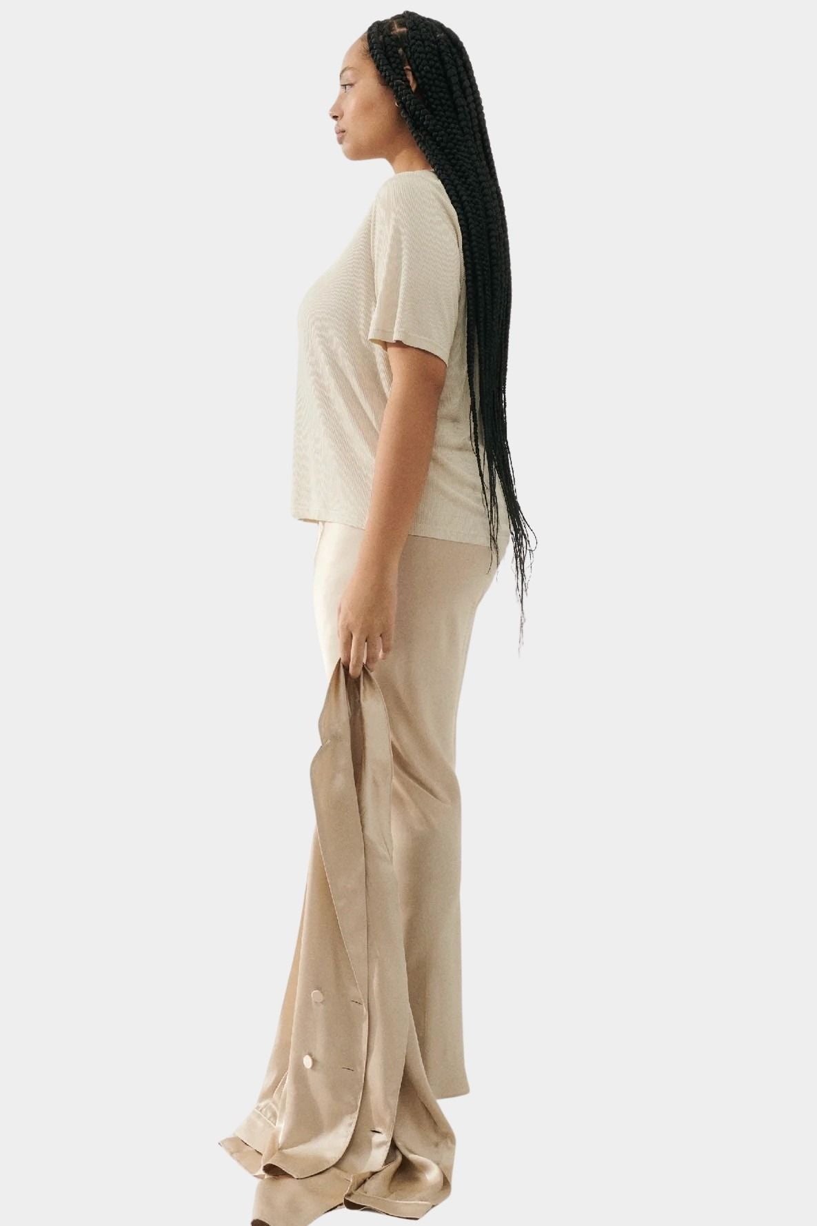 Silk Laundry bias cut silk pants in hazelnut side silhouette view