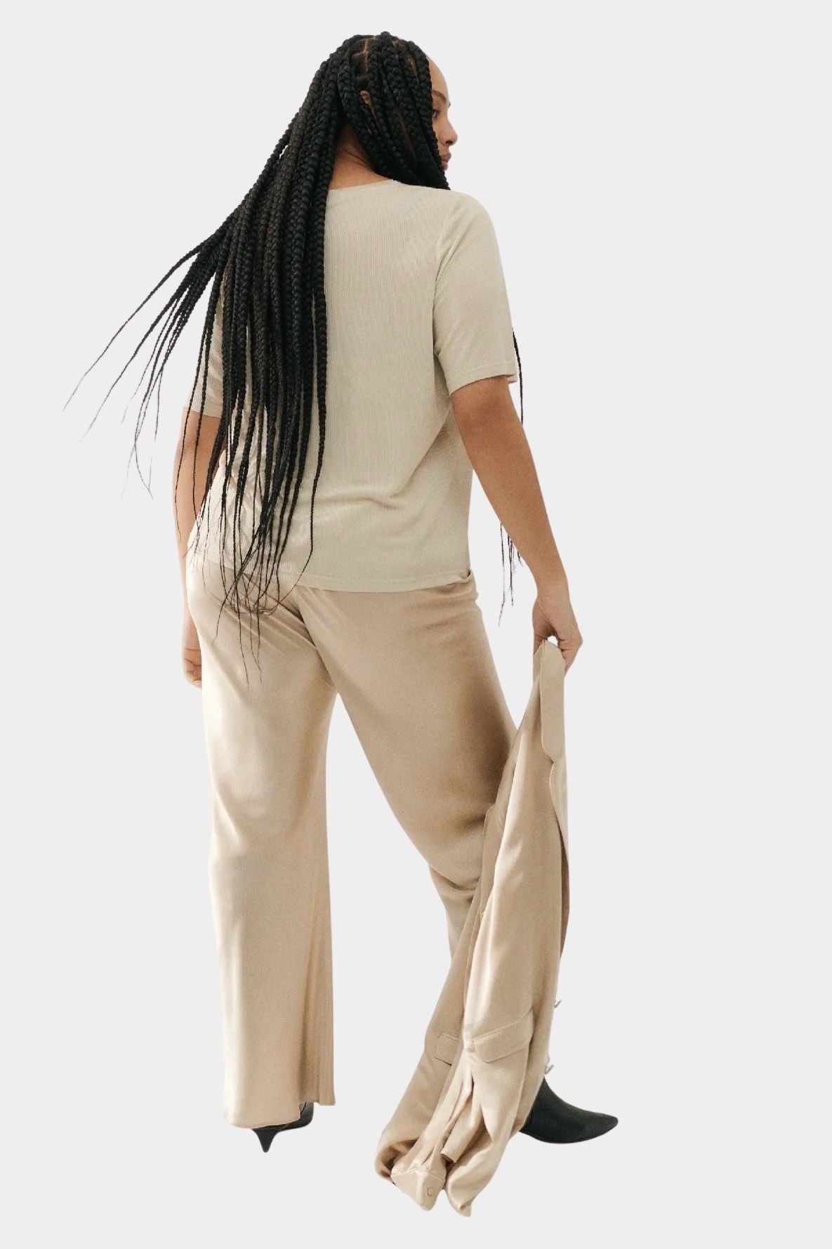 Silk Laundry hazelnut silk satin bias pants worn with silk shirt