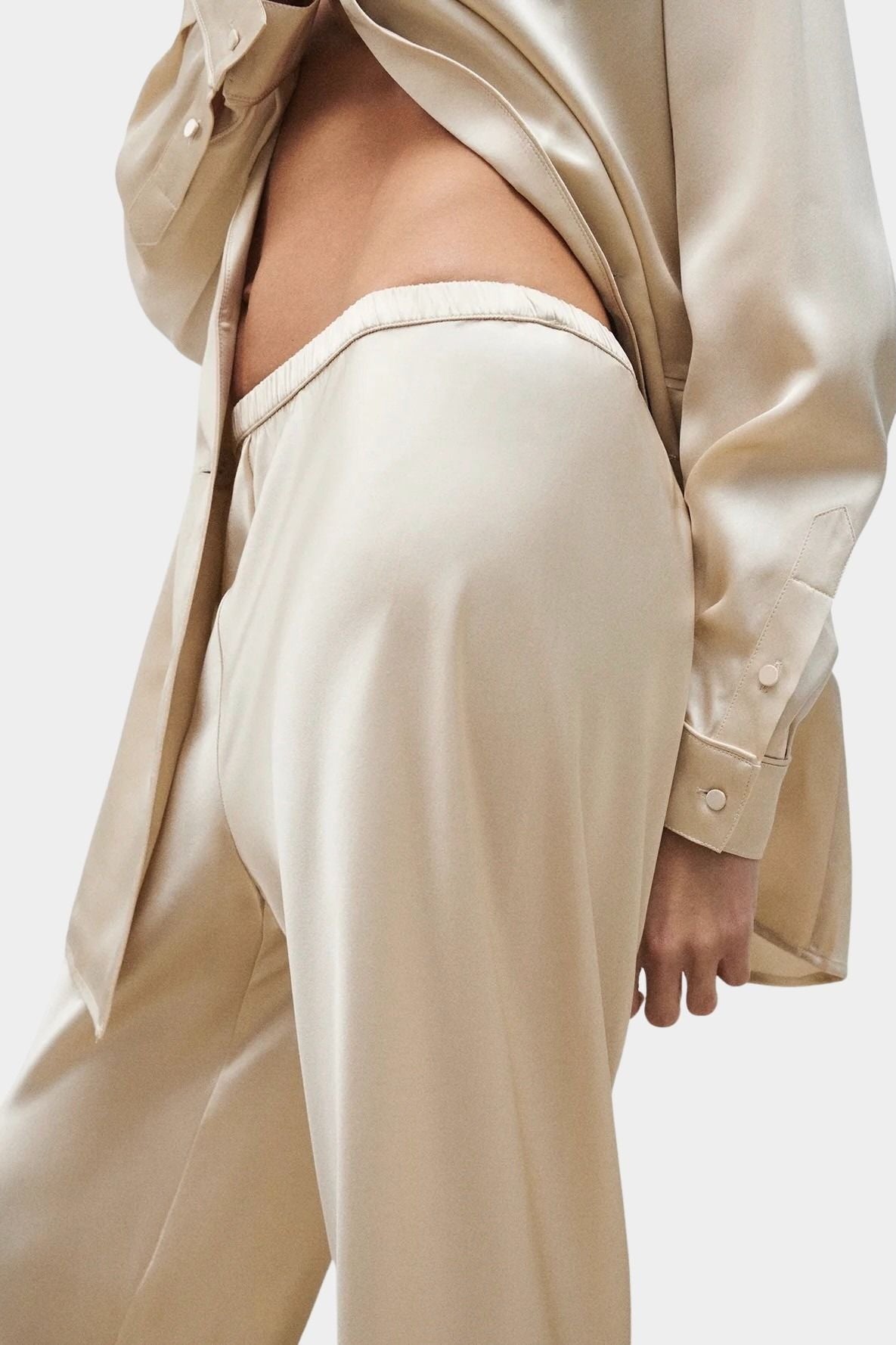 Silk Laundry bias cut silk satin pants in hazelnut with elastic waistband detail