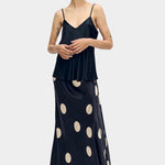 silk laundry long bias cut skirt large polka dot styled front view with camisole