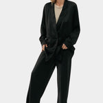 Silk Laundry relaxed silk blazer in black styled with wide leg silk pants