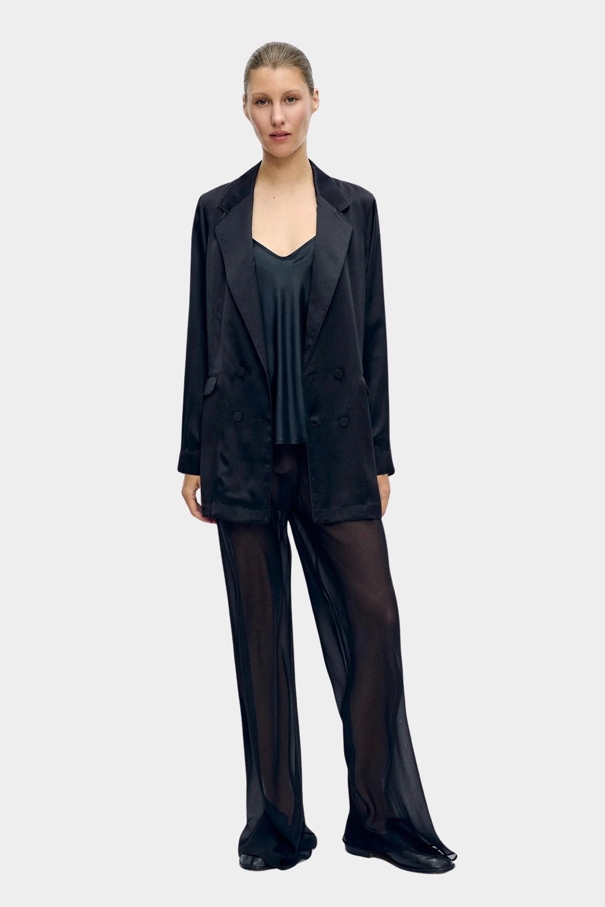 Silk Laundry black silk relaxed blazer with double breasted front