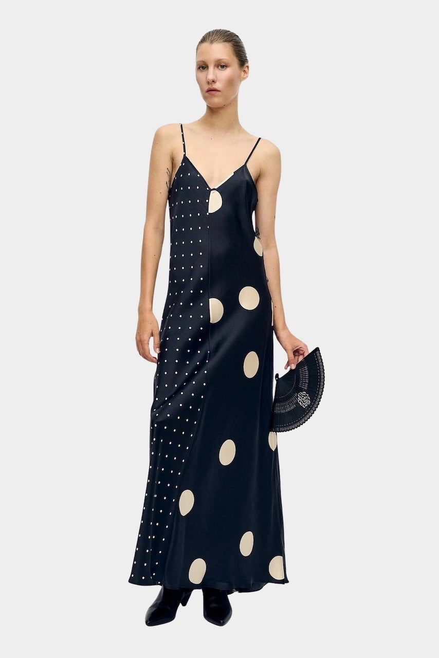 silk laundry dress SILK Laundry Full-Length V Neckline Dress | POLKA MIX | Fluid SILK Satin | L