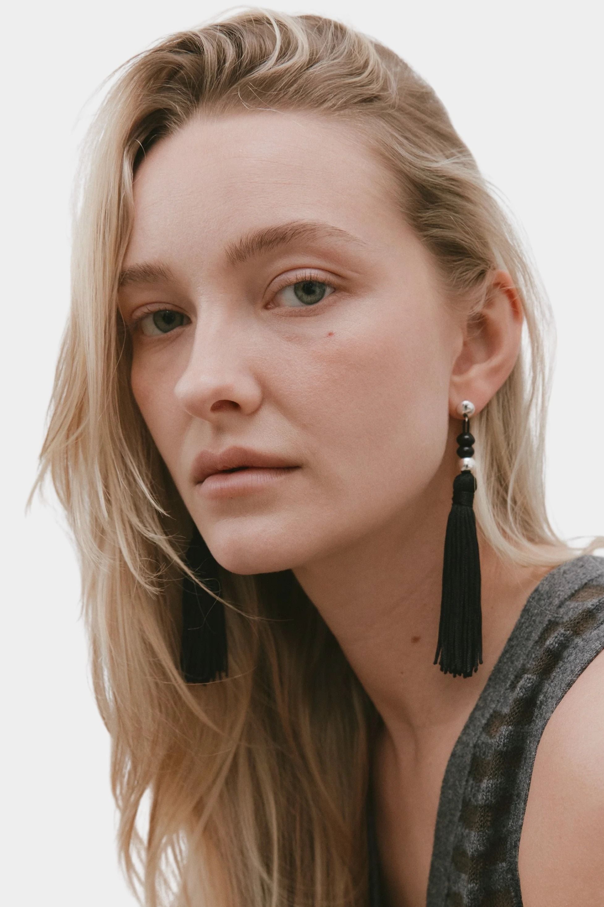 Miriam Earrings in sterling silver Wolf Circus worn portrait black tassel earrings