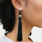 Miriam Earrings in sterling silver Wolf Circus worn side profile black tassel earrings