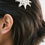 Wolf Circus Sun Barrette silver sculptural hair clip worn in short dark hair