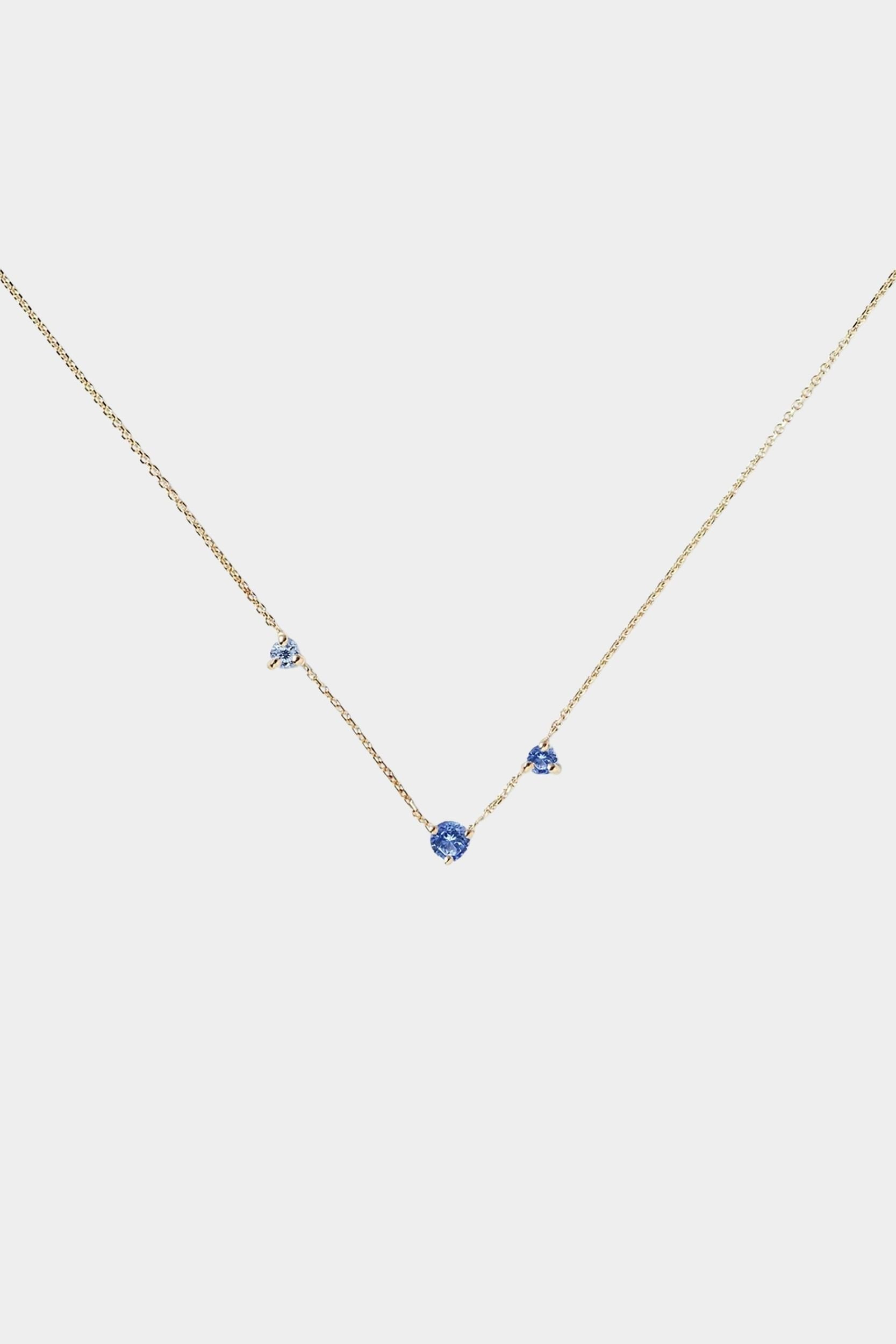 WWAKE Three-Step Necklace featuring three reclaimed blue sapphires asymmetrically set along a delicate 14k gold chain