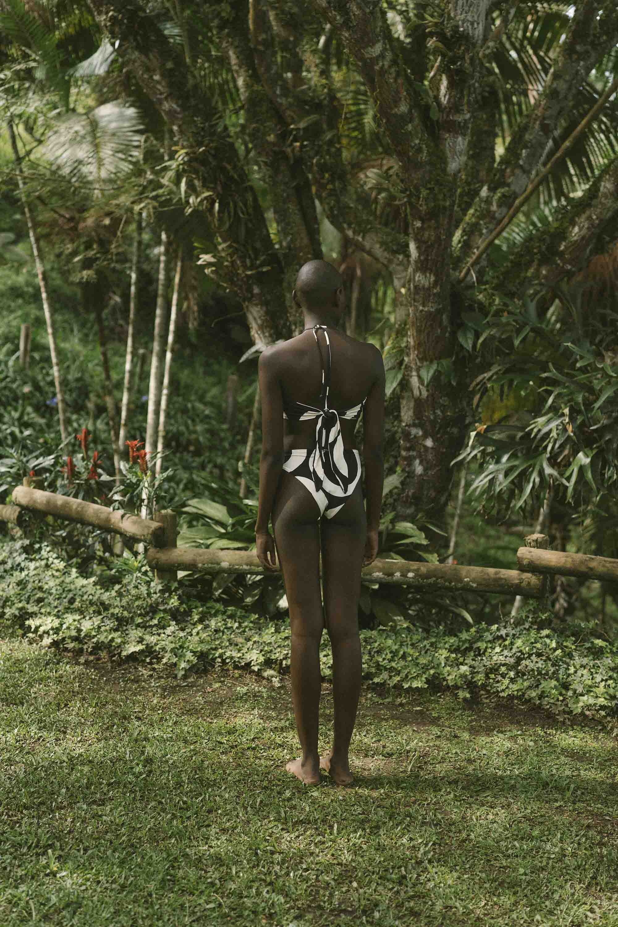 High leg low rise bikini bottom in sandy black and white graphic print by Cala de la Cruz