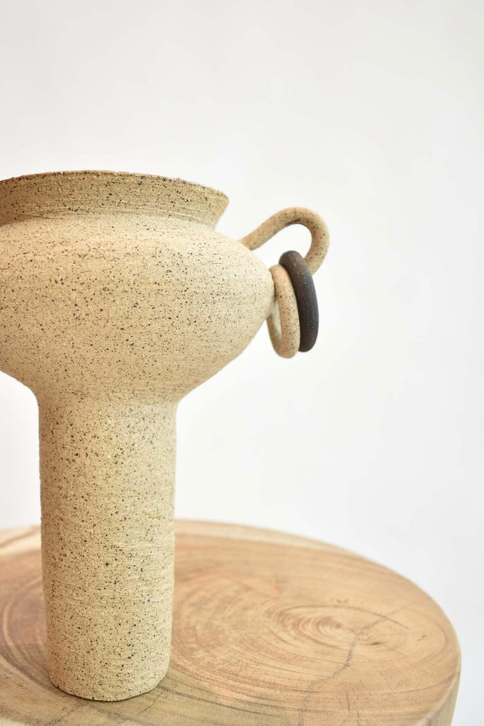 Ruby Bell Ceramics | Pedestal Vase W/Handles & Rings In Speckled Clay - SHOP YUCCA Ceramic RUBY BELL CERAMICS - YUCCA 