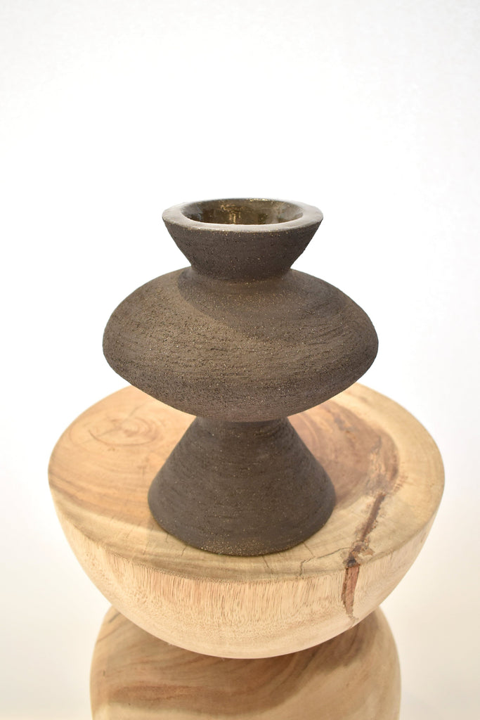 Ruby Bell Ceramics | Squat Round Vase With Conic Pedestal Base In Black Clay - SHOP YUCCA Sculptures & Statues RUBY BELL CERAMICS - YUCCA 